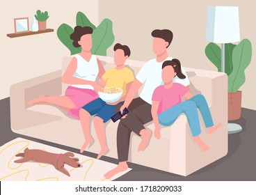 Family watch TV flat color vector illustration. Parents with teenage children relax on couch. Mom and dad bond with kids. Relatives 2D cartoon characters with interior on background