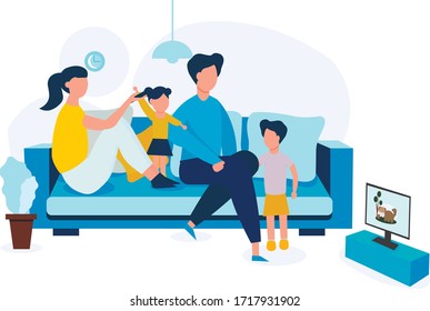 The family watch TV together at home. Family day. Parents spend time with their children watching cartoons. Dad, mom, Daughter and son are sitting on the couch. Vector illustration in flat style.