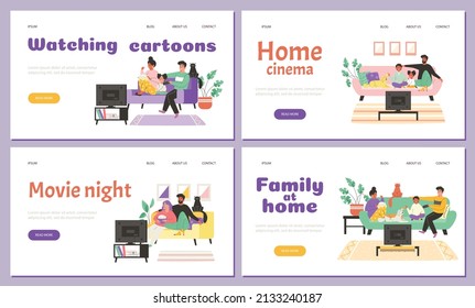 Family watch TV together in living room, landing page templates - flat vector illustration. Concept of movie night and cinema at home. Set of web banners, cartoon characters with kids relax on couch.