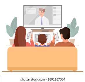 The Family Watches TV On The Couch, While Each Member Is On The Phone. Evening Relaxation And Home Entertainment. Vector Illustration.