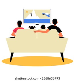 Family Watching Airplane And Iceberg On TV Screen In Flat Vector Illustration Symbolizing Travel, Exploration, And Togetherness, Isolated On White Background