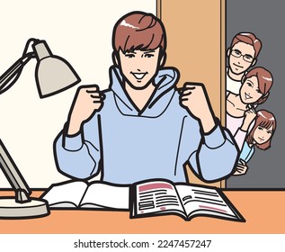 Family watching boys studying, mother with a small gut punch.