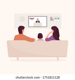 Family watching daily news on television. Parents and kid sitting on the couch in the living room.