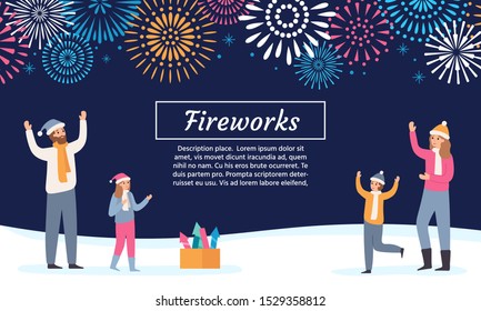 Family watching firework explosions. Couple with kids launching fireworks, celebrating holidays and new year flyer. 2020 christmas greeting card, xmas winter firework vector illustration