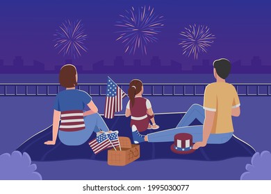 Family watching fireworks for 4th of july flat color vector illustration. Independence day celebration. Summer evening outdoor. Parents with daughter 2D cartoon characters with night sky on background