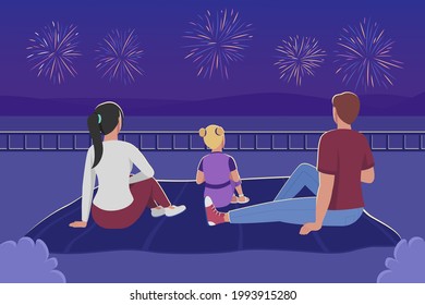 Family watching fireworks flat color vector illustration. Mother, father and kid sit on blanket. Picnic during summer. Parents with child 2D cartoon characters with nighttime landscape on background