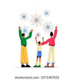Family Watching Fireworks In Flat Vector Illustration Symbolizing Celebration, Togetherness, And Festive Spirit, Isolated On White Background