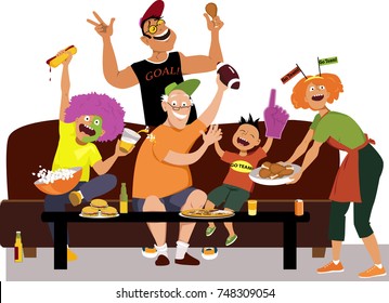 Family Watching A Football Game On TV, Eating And Cheering, EPS 8 Vector Illustration