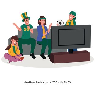 familia viendo un partido de fútbol y apoyando el concepto de victoria, Ilustración vectorial y fanatismo.