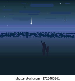 Family watching meteor shower. Flat vector illustration.