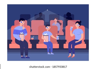 Familia viendo películas con gafas 3d en el cine, sentados en sillas con palomitas de maíz y refresco. Ilustración vectorial para ocio, entretenimiento, concepto de fin de semana