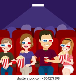 Family watching a movie at cinema theater with popcorn and drink