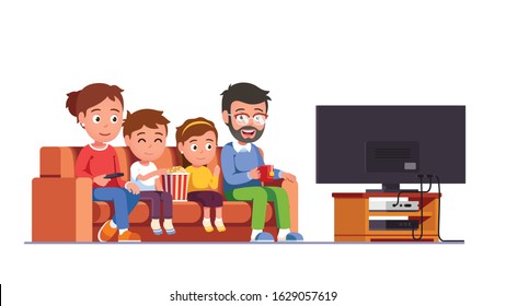Family watching movie or series together. Mother, father, kids boy, girl sitting on sofa at big tv screen having fun. Children eat popcorn. Home family entertainment flat vector character illustration