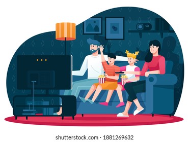 Family Watching Movie together in TV Illustration, this illustration can be use for website, landing page, web, app, and banner.