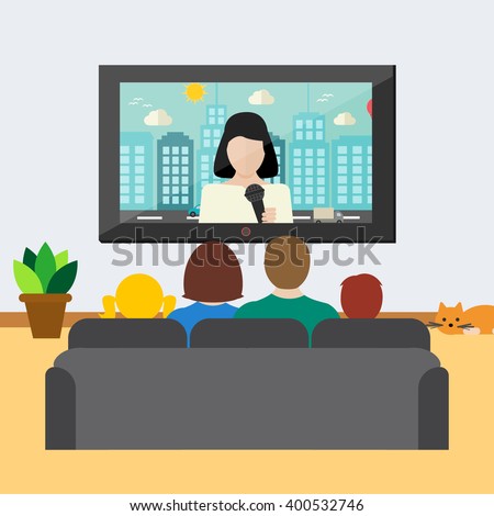 Family watching news on tv, vector illustration. Big family sitting on the couch in the room and watching television