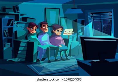 Family Watching Night TV Vector Illustration Of Couple Man And Woman Sitting On Sofa Or Chair In Living Room. Cartoon Mother And Father Together With Grandmother Watch Evening Television