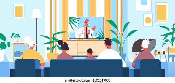 family watching online video consultation with male doctor on tv screen healthcare telemedicine medical advice concept portrait horizontal vector illustration