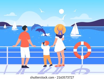 Family watching sea animals from deck of cruise ship. Tourists on boat flat vector illustration. Family, summer vacation, traveling or tourism concept for banner, website design or landing web page