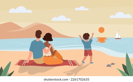 Familie beobachtet Sonnenuntergang. Mann und Frau mit Kind sitzen am Strand und umarmt, junges Paar mit Junge auf Decke. Sommerabend, Eltern mit Sohn im Urlaub. Cartoon-Flavektor-Vektorgrafik