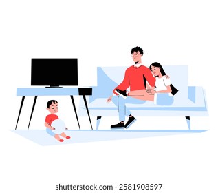 Family Watching Television in Flat Vector Illustration Symbolizing Relaxation, Entertainment, and Togetherness, Isolated on White Background