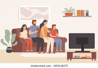 Family watching television together. Happy people watch tv in living room, young family watching movie at home. Parents and childrens watching show channel, colorful vector illustration