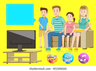 Family watching television together in house. Basic Entertainment character and full-color icon for living room.