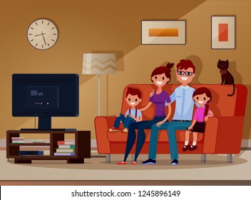 Family watching tv. Children and parents sit on the sofa and watch a movie. children and parents watch television and laugh. Vector. Illustration. Flat style. Cartoon