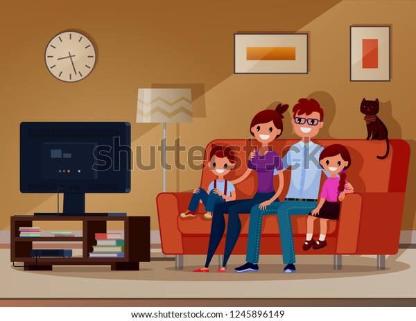 Family watching tv. Children and parents sit on the sofa and watch a movie. children and parents watch television and laugh. Vector. Illustration. Flat style. Cartoon