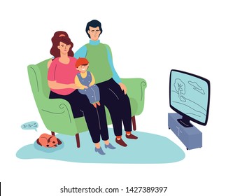 A family watching TV - colorful flat design style illustration on white background. A scene with a smiling wife and husband with their son sitting on a chair, a dog sleeping on the floor