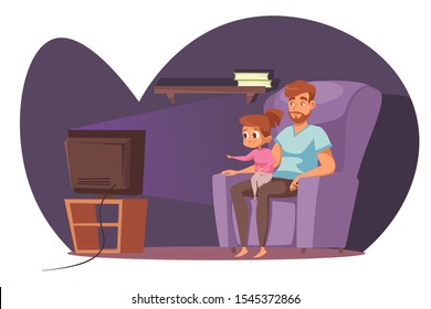 Family watching tv flat vector illustration. Father and daughter sitting in armchair and watch movie cartoon characters. Home leisure, babysitting, fatherhood. Entertainment and relaxation concept