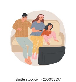 Familia viendo televisión aislada ilustración vectorial de dibujos animados. Niños y padres sentados en un sofá, viendo la televisión juntos, gente con tiempo libre, familia frente a la caricatura vectorial de TV.