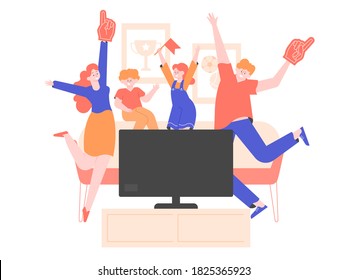 The family is watching TV in the living room. Sports fans support their favorite team. They jump and enjoy.Vector flat illustration.