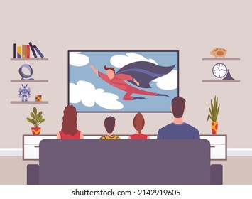 Family watching tv in living room. Back view of couple and child sitting on couch. Vector illustration for television, broadcasting, entertainment concepts. Spending time on quarantine