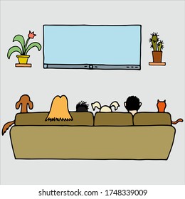 Family Watching TV. Mother, Father, Son, Daughter, Dog And Cat Sitting On The Couch.