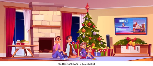 Familia viendo noticias de televisión en casa en la víspera de Navidades. Vector ilustración de dibujos animados de padres e hijos sentados en el suelo en la sala de estar, cajas de regalo debajo del árbol de Navidad decorado, cielo nocturno en la ventana