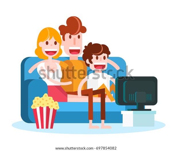 Family Watching Tv Popcorn On Couch Stock Vector (Royalty Free) 697854082