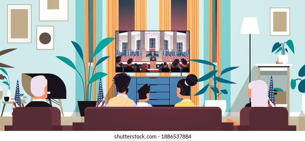 family watching tv president democrat winner of United States presidential election man giving speech from tribune USA inauguration day concept horizontal portrait vector illustration