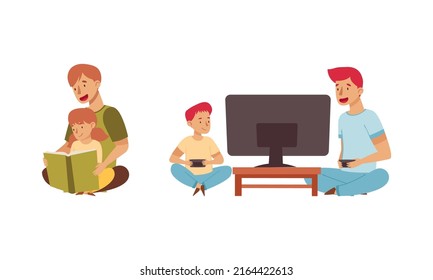Family watching TV and reading book. Parents and kids spending time together vector illustration