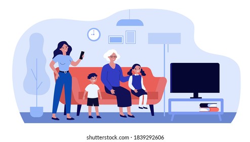 Family watching TV together at home. Pastime, happiness. Flat vector illustration. Leisure activities concept can be used for presentations, banner, website design, landing web page