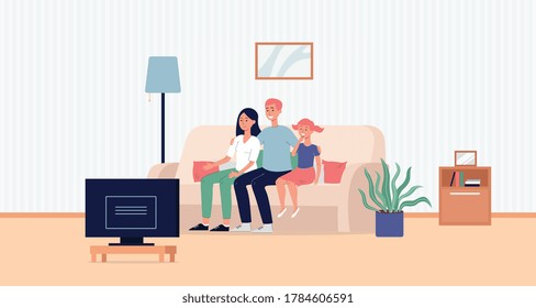 Family watching TV together at living room interior background, flat vector illustration. Family togetherness and joint recreation of parents and children.