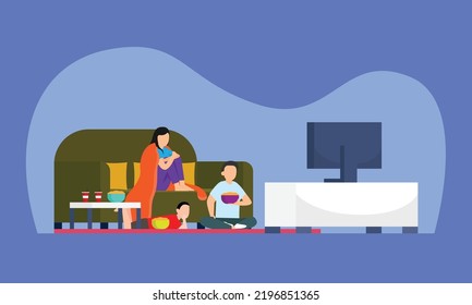 Family watching TV while eating popcorn in living room 2d vector illustration concept for banner, website, illustration, landing page, flyer, etc.