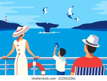 Family Watching Whale Tail in Ocean flat tourist vector poster. People on Whale watching boat tour cartoon illustration. Summer seaside tourist travel vacation. Wildlife underwater mammals background - Shutterstock ID 2125612361