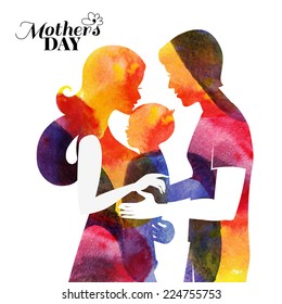 Family. Watercolor mother silhouette with her baby and husband. Card of Happy Mothers Day. Vector illustration with beautiful woman, man and child