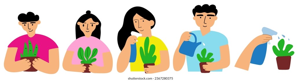 Family watering little houseplants. Flat design. Illustrations on white background.