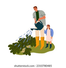 Family watering vegetable plants. Father and daughter farmers, gardeners cultivating, caring about organic food crops. Summer agriculture work. Flat vector illustration isolated on white background