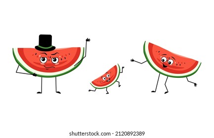 Family of watermelon fruit characters with happy emotions, smile face, happy eyes, arms and legs. Mom is happy, dad is wearing hat and child is dancing. Vector flat illustration