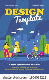 Family waving to boy riding on bicycle in park. Cityscape, kid, sport flat vector illustration. Weekend and lifestyle concept for banner, website design or landing web page