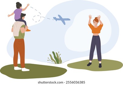 Family waving goodbye to departing airplane, mother raising hands and child sitting on father s shoulders watching plane flying away, concept of travel and family vacation