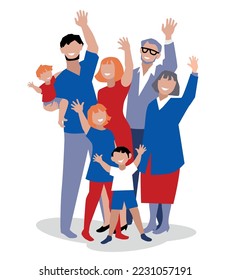 Family waving. Vector illustration, clip art, cartoon of happy big family.