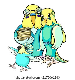 Family of wavy parrots mom, dad and baby. vector illustration